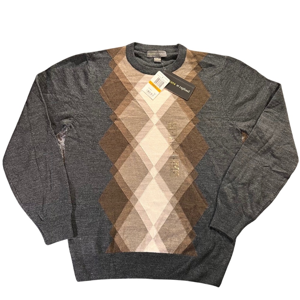 Tricots St Raphael Mens Small Argyle Crewneck‎ Sweater Charcoal Brown NWT